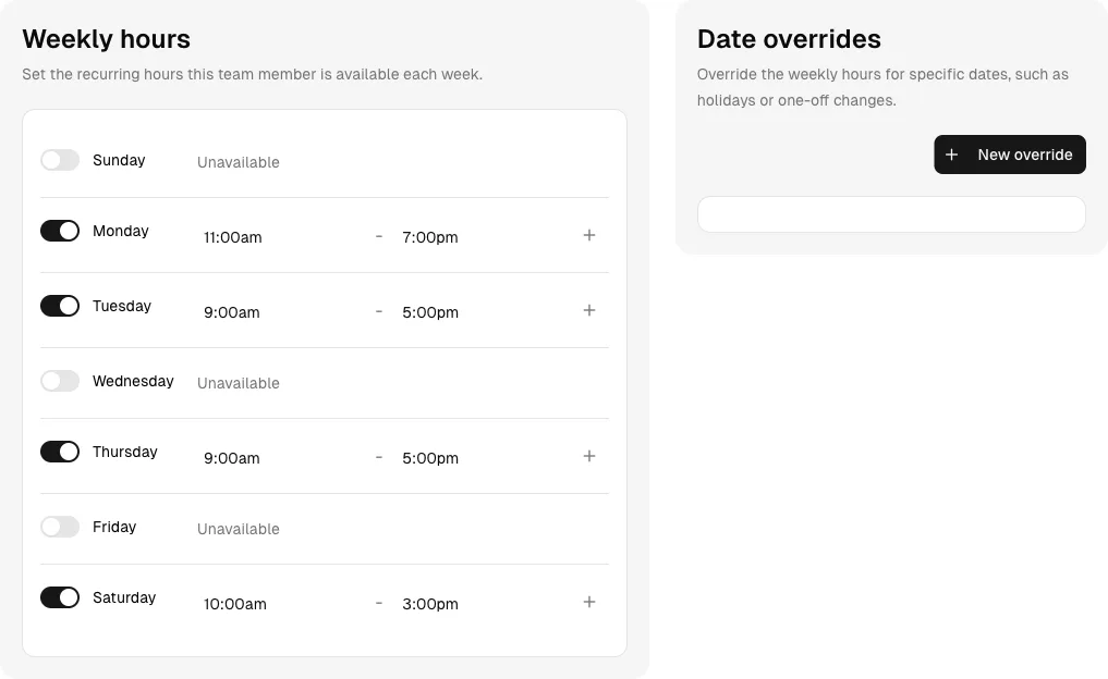 Acupuncturist weekly availability with different working hours and date override controls.