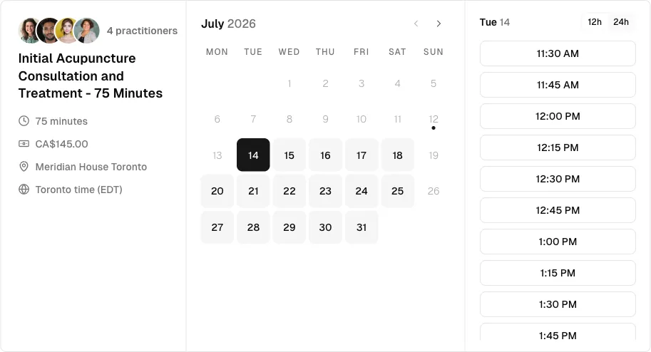 Monthly acupuncture booking view with a selected date and available treatment times.