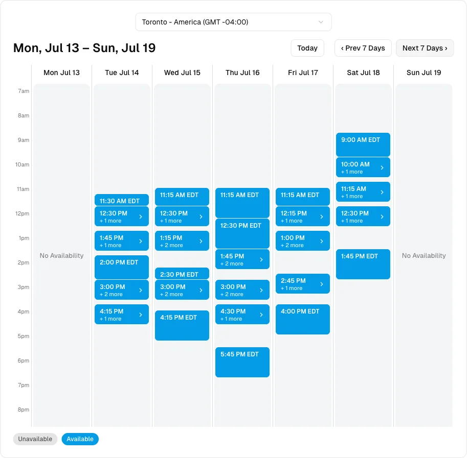 Weekly acupuncture booking view with real appointment openings across seven days.