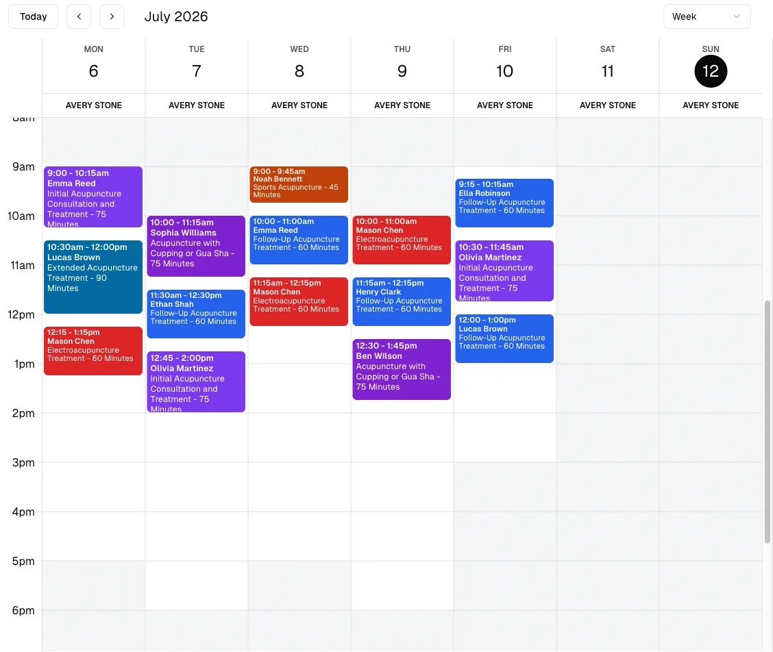 Acupuncture clinic calendar with color-coded treatments, practitioner columns, and useful buffers.