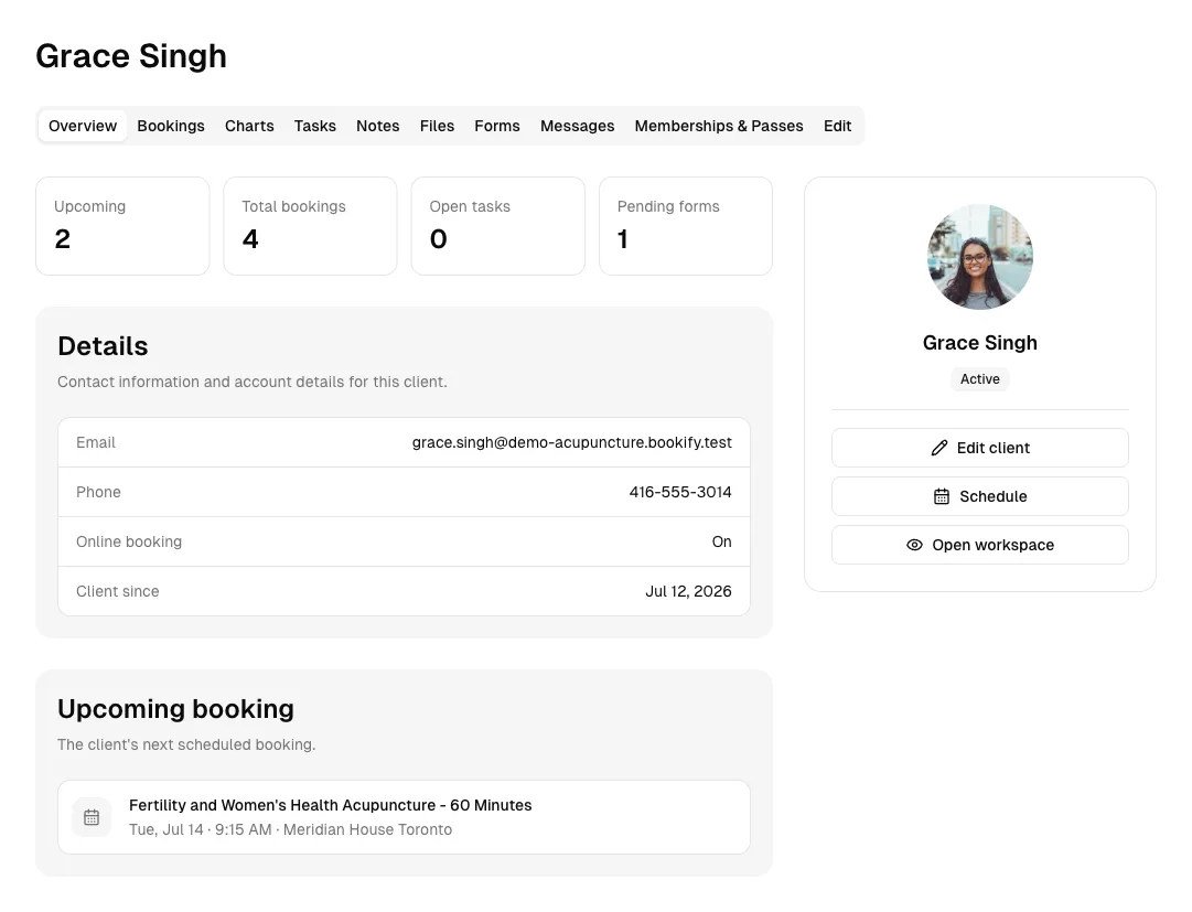 Acupuncture patient profile with upcoming care, forms, charts, files, messages, and complete history.