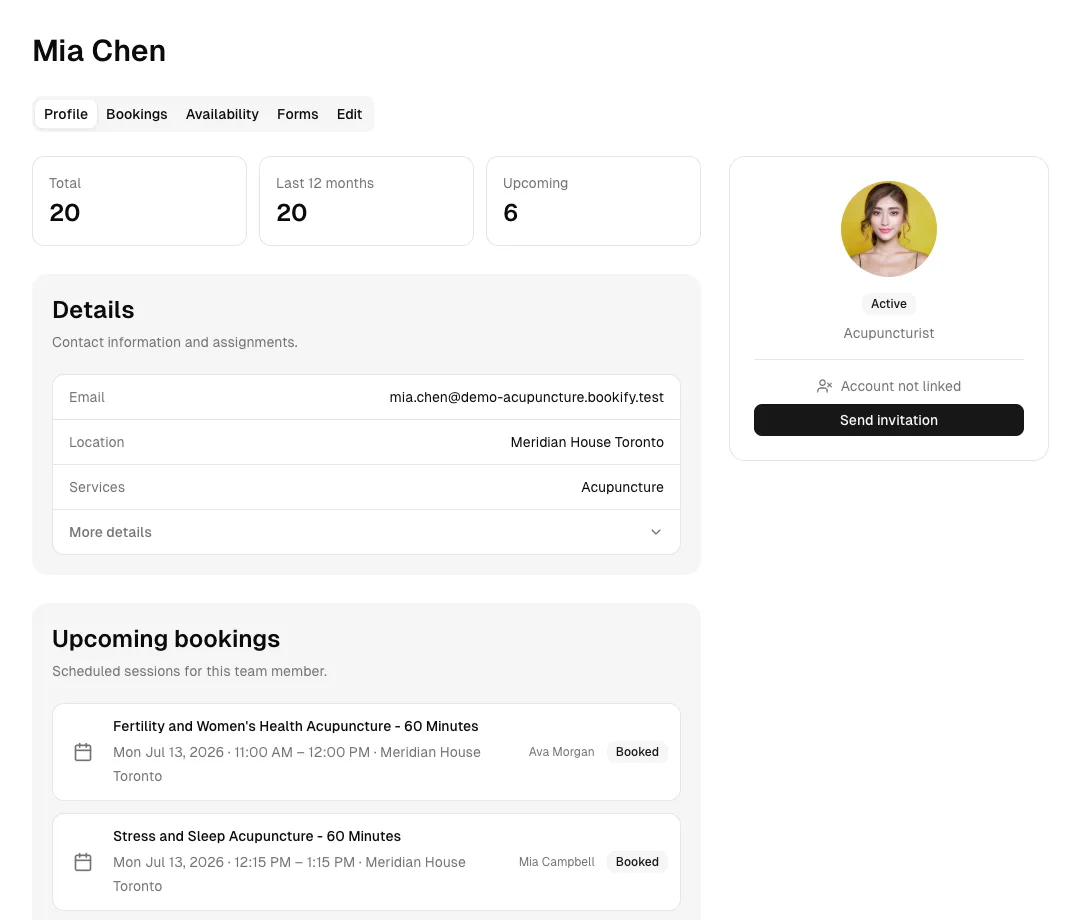 Acupuncturist profile with assigned treatments, location, availability, and upcoming patients.