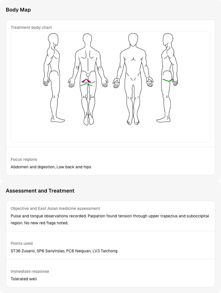 Acupuncture treatment note with body map markings, East Asian medicine assessment, and named points used.