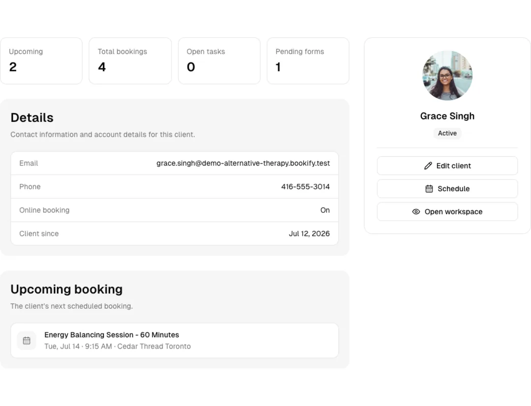 Alternative Therapy software showing client profile.