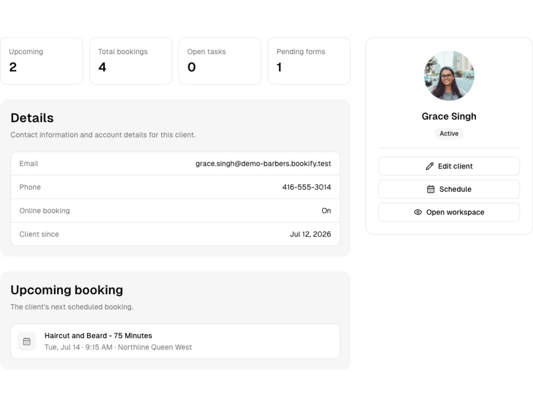 Barbers software showing client profile.