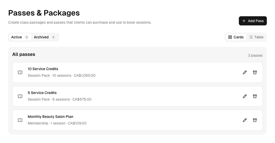 Beauty Salon software showing packages.