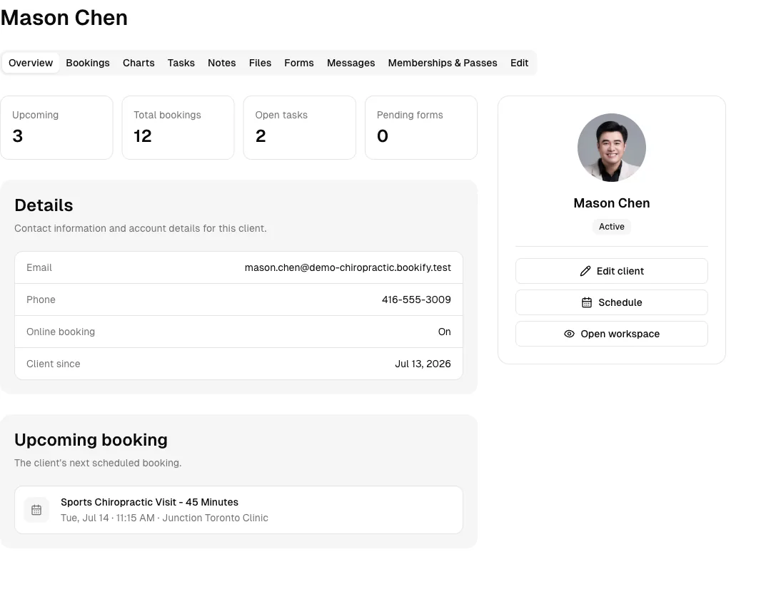 Chiropractic software showing client profile.
