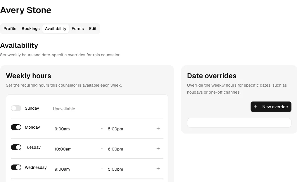 Counseling software showing availability.