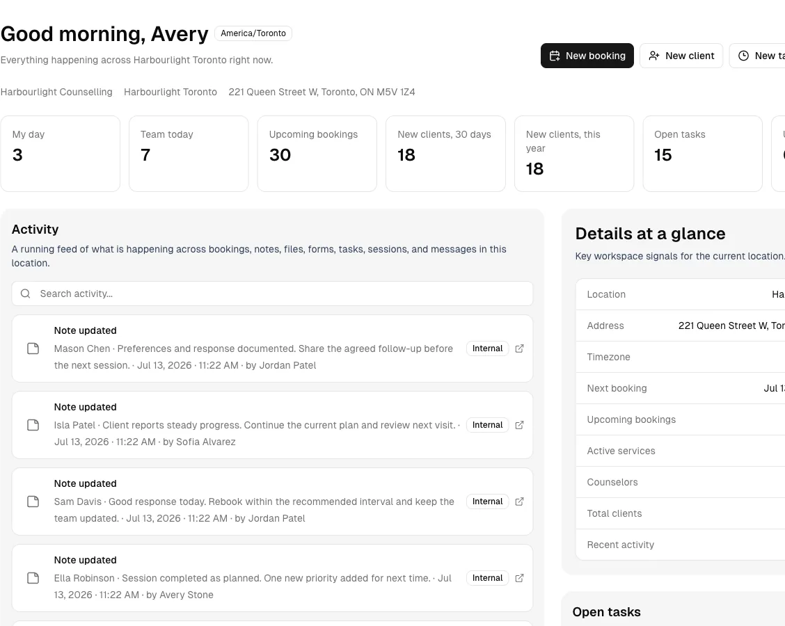 Counseling software showing dashboard.