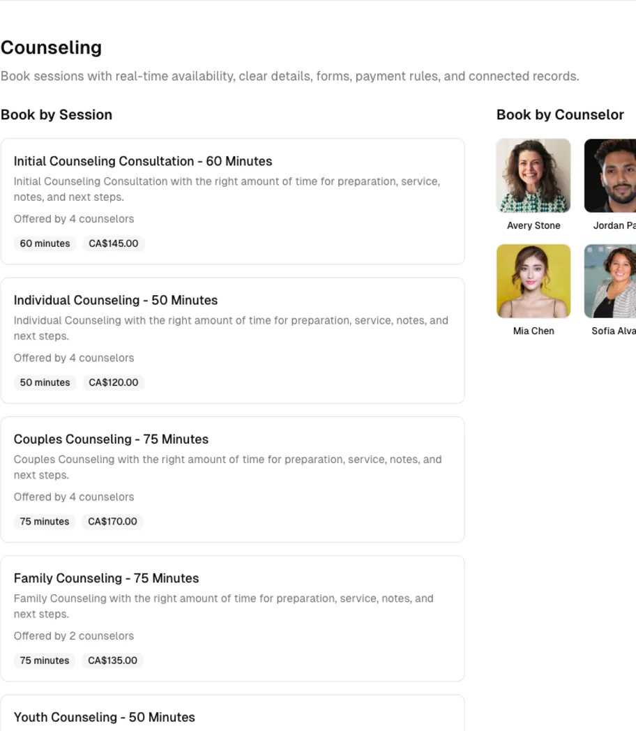 Counseling software showing online booking.