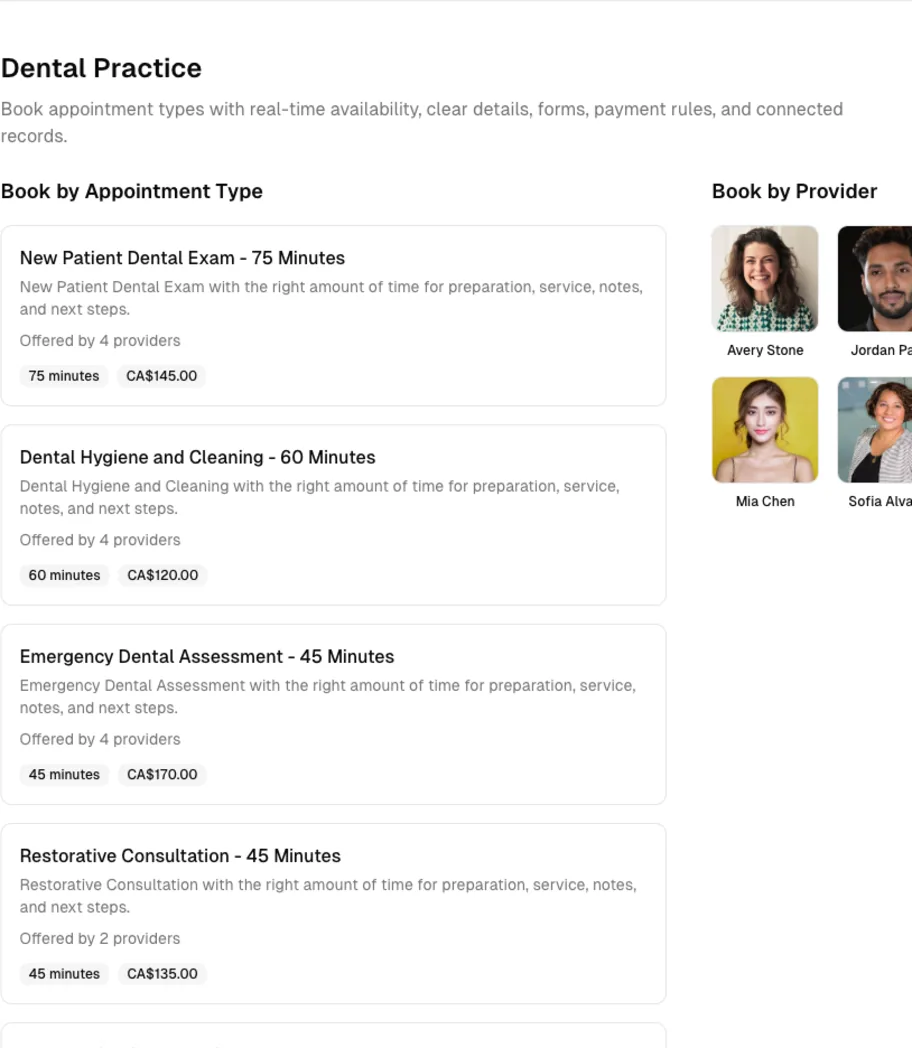 Dental Practice software showing online booking.