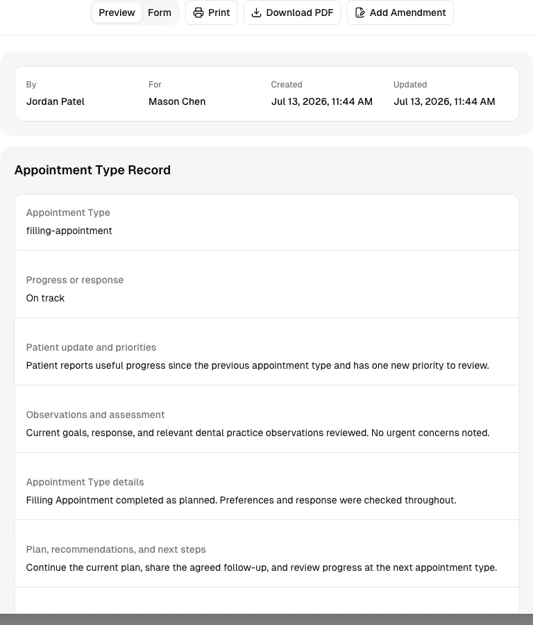 Dental Practice software showing record.