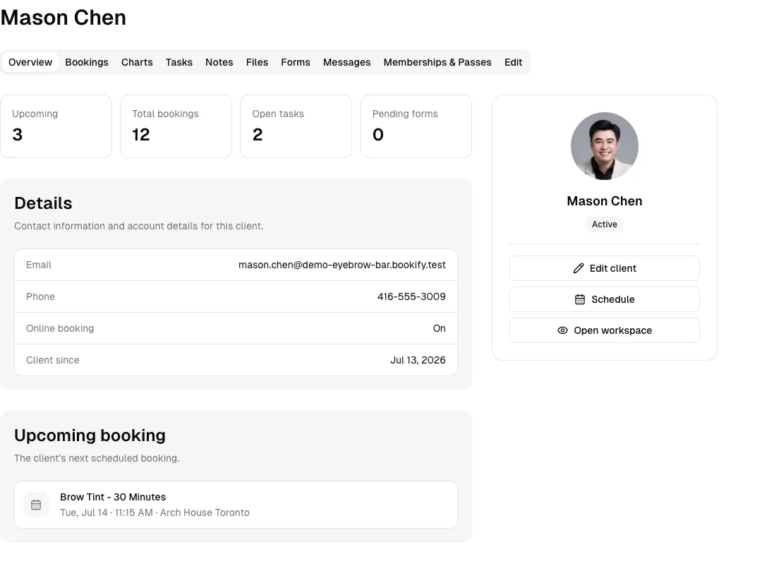 Eyebrow Bar software showing client profile.