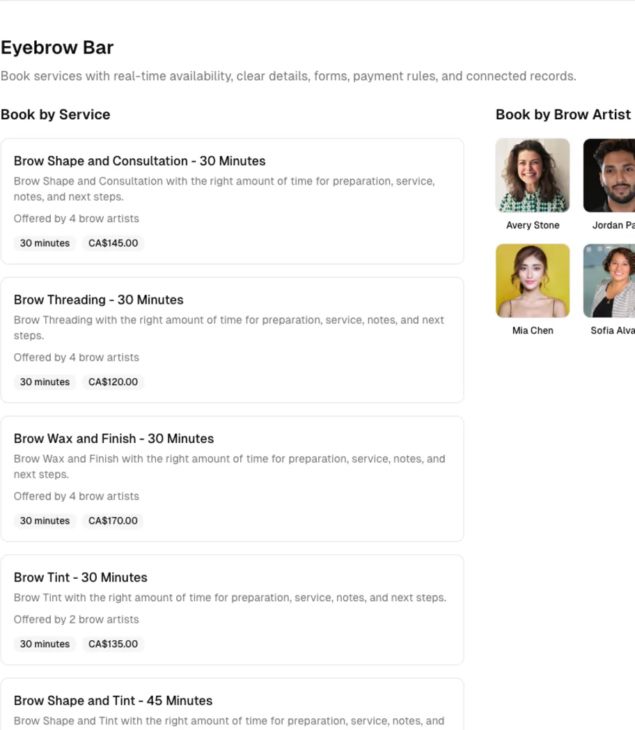 Eyebrow Bar software showing online booking.