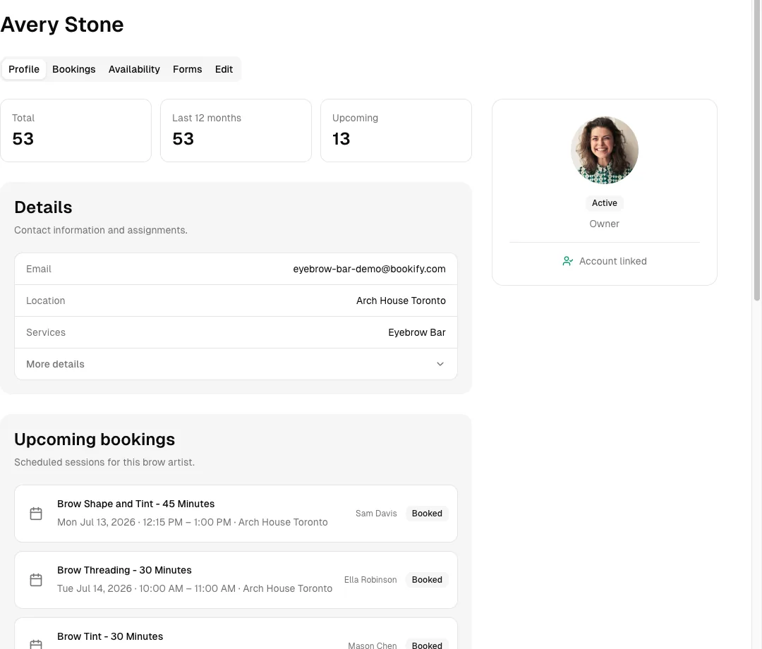 Eyebrow Bar software showing team.