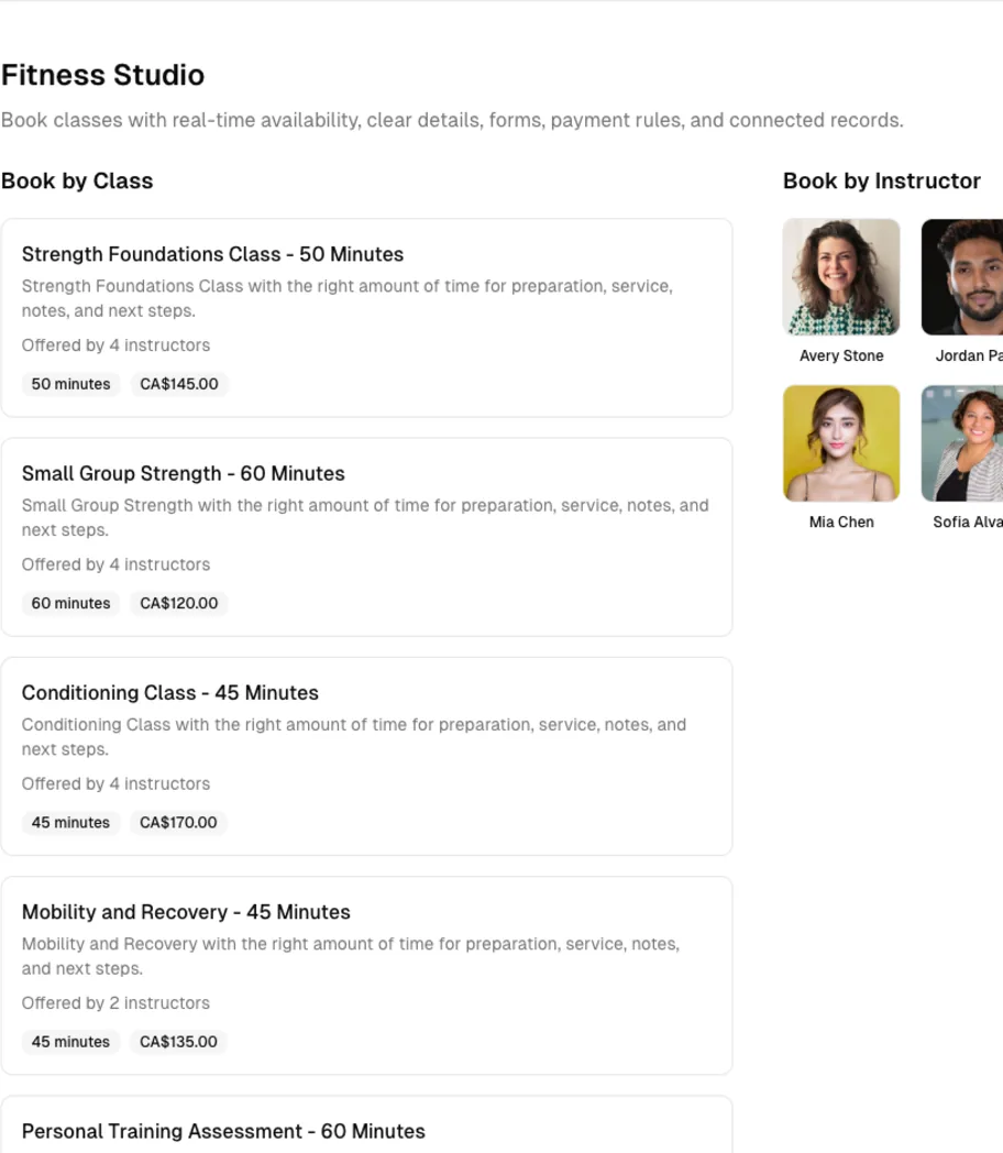 Fitness Studio software showing online booking.