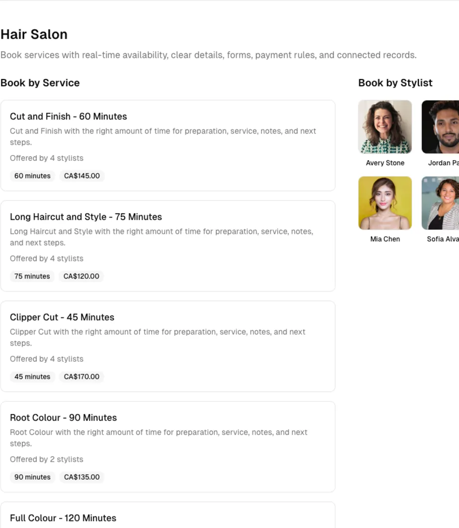 Hair Salon software showing online booking.