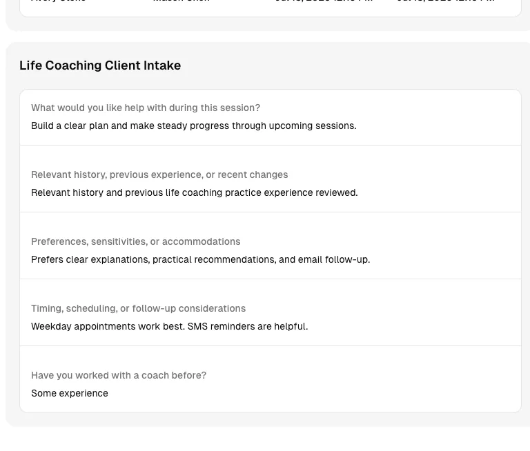 Life Coaching software showing form.