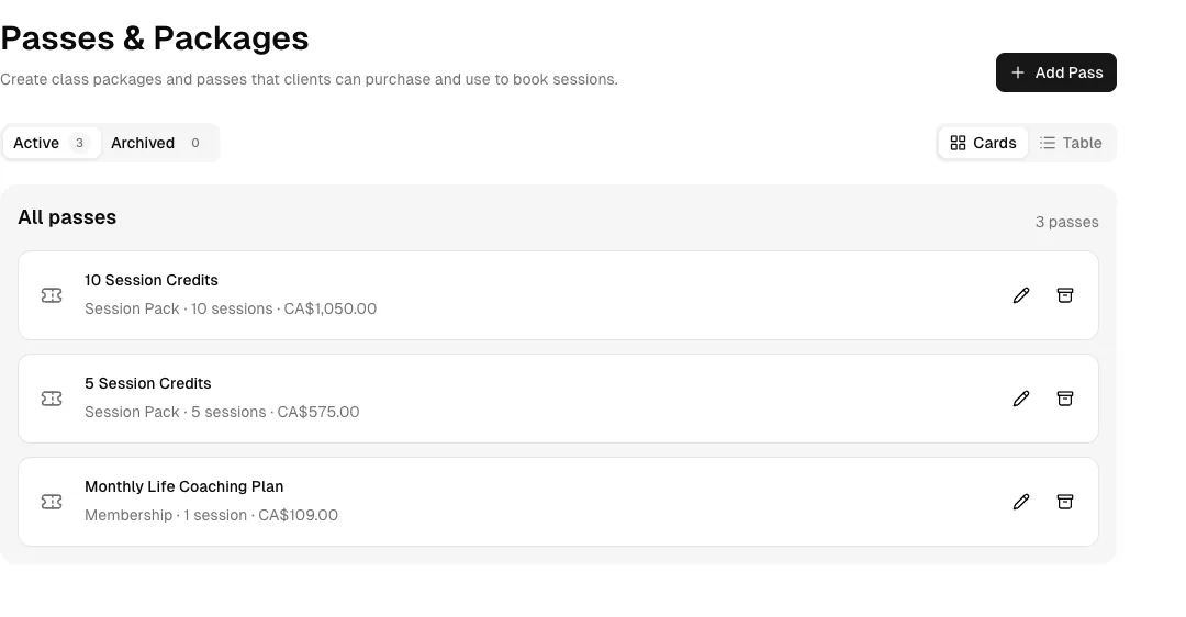 Life Coaching software showing packages.