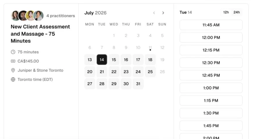 Monthly booking view with a selected date and available appointment times.
