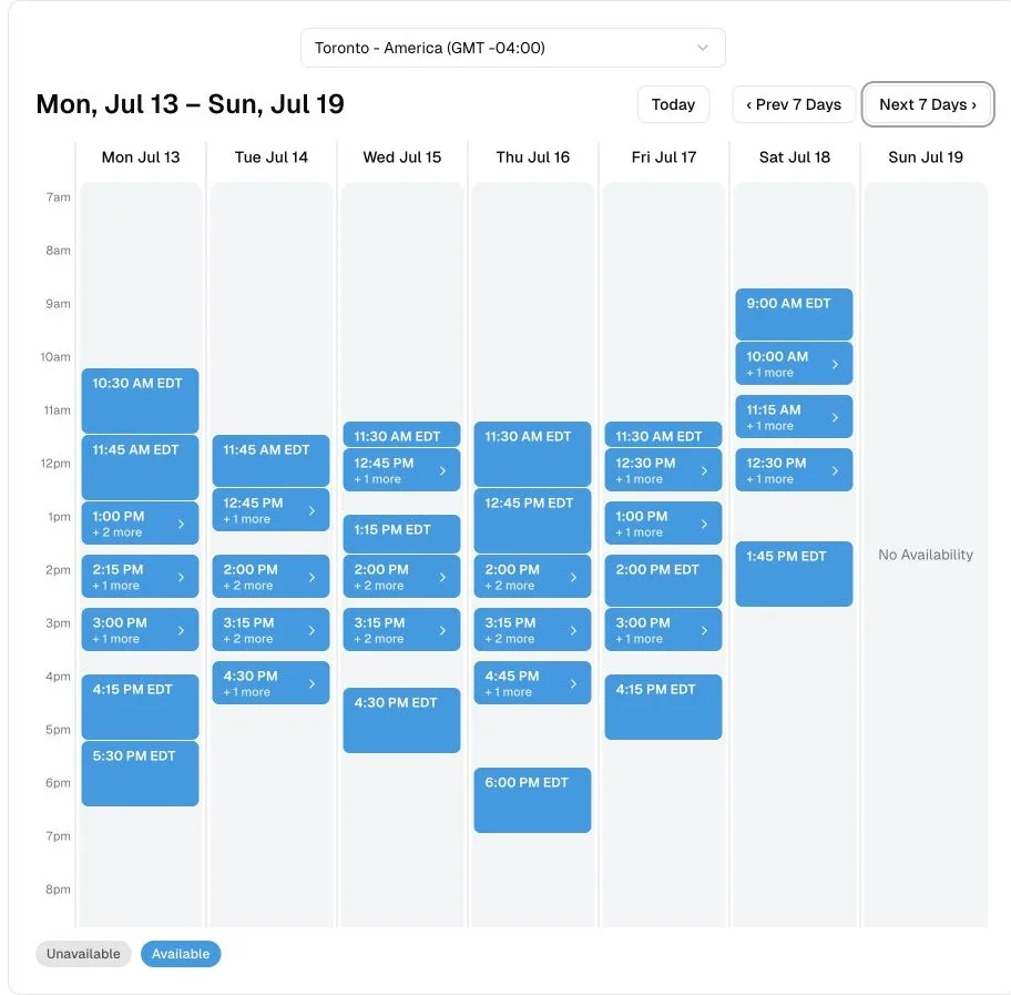 Weekly booking view showing real appointment openings across six days.