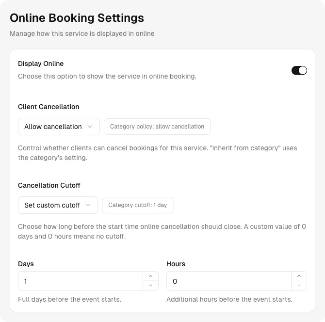 Online booking settings with cancellation controls and a cancellation cutoff.