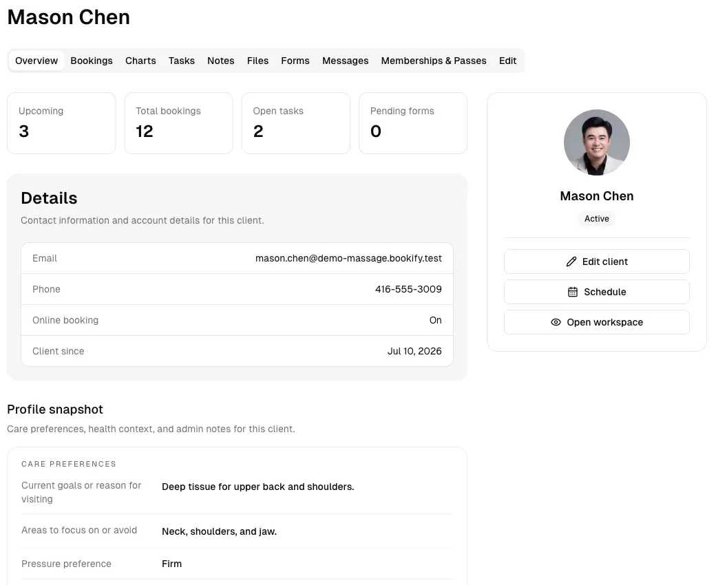 Massage therapy client record with care preferences, health context, booking counts, and profile history.