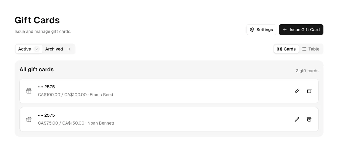 Gift card workspace showing active cards, balances, and recipients.