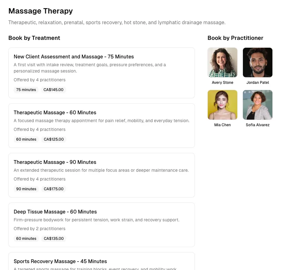 Public massage therapy booking page with treatments, prices, durations, and practitioner photos.