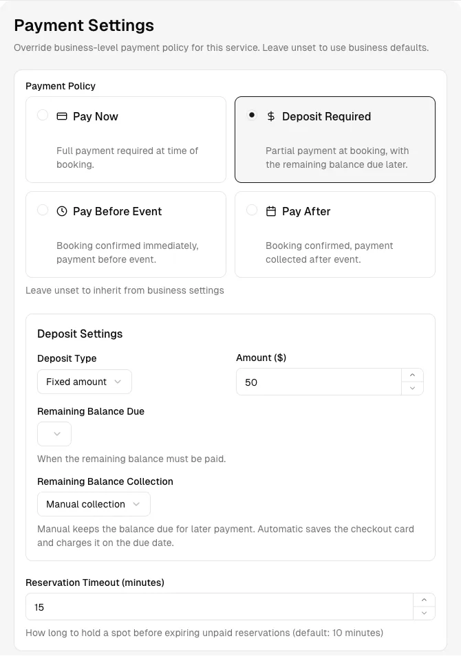 Service payment settings with a required deposit, remaining balance rules, and payment timing options.