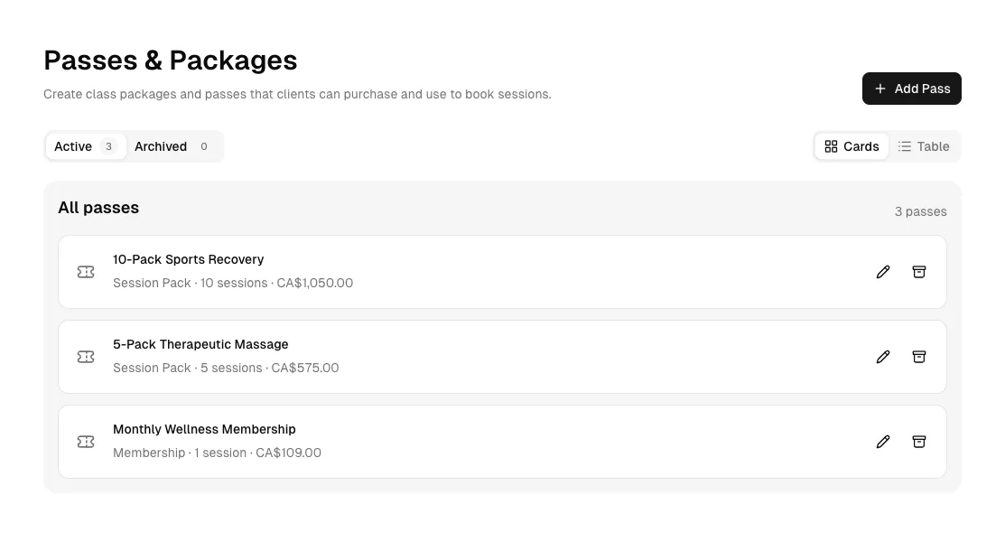 Packages and recurring memberships with session counts and pricing.