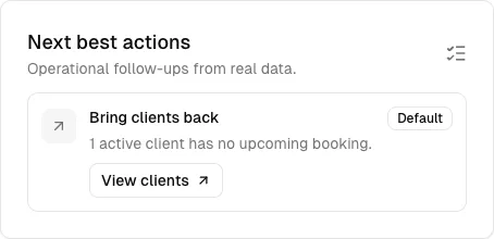 Bookify action suggesting a follow-up for a client without an upcoming booking.