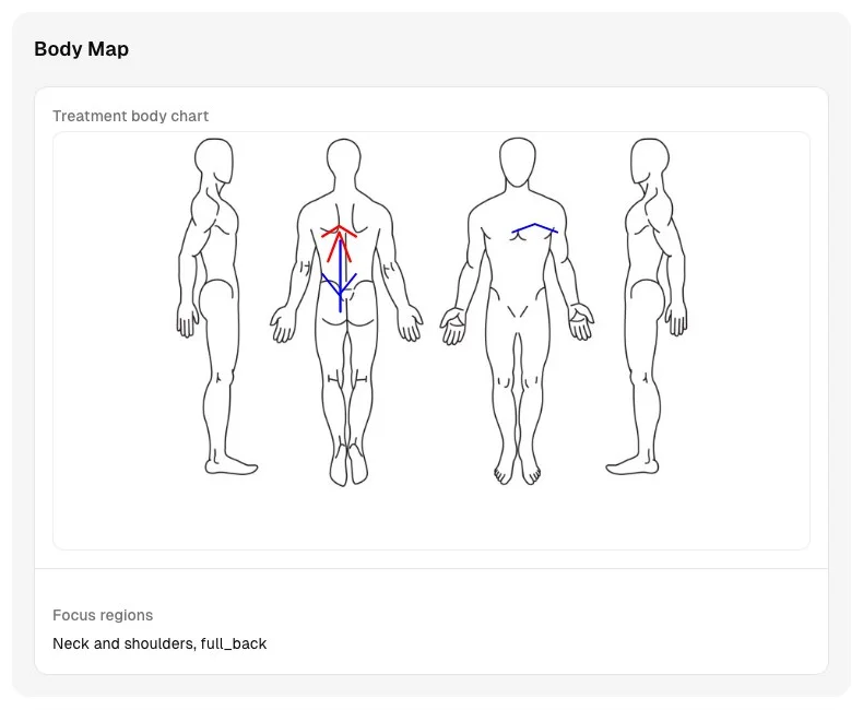 Massage treatment body chart with red and blue marks plus written focus regions across the back and shoulders.