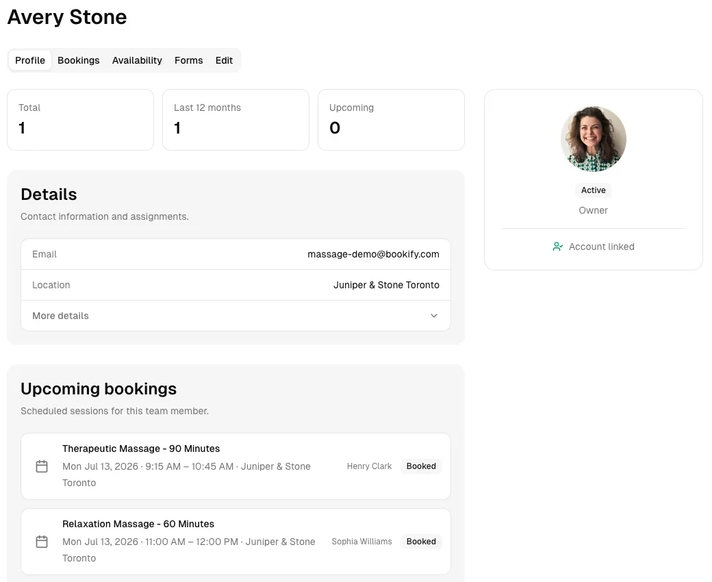Bookify team profile with location details and upcoming bookings.