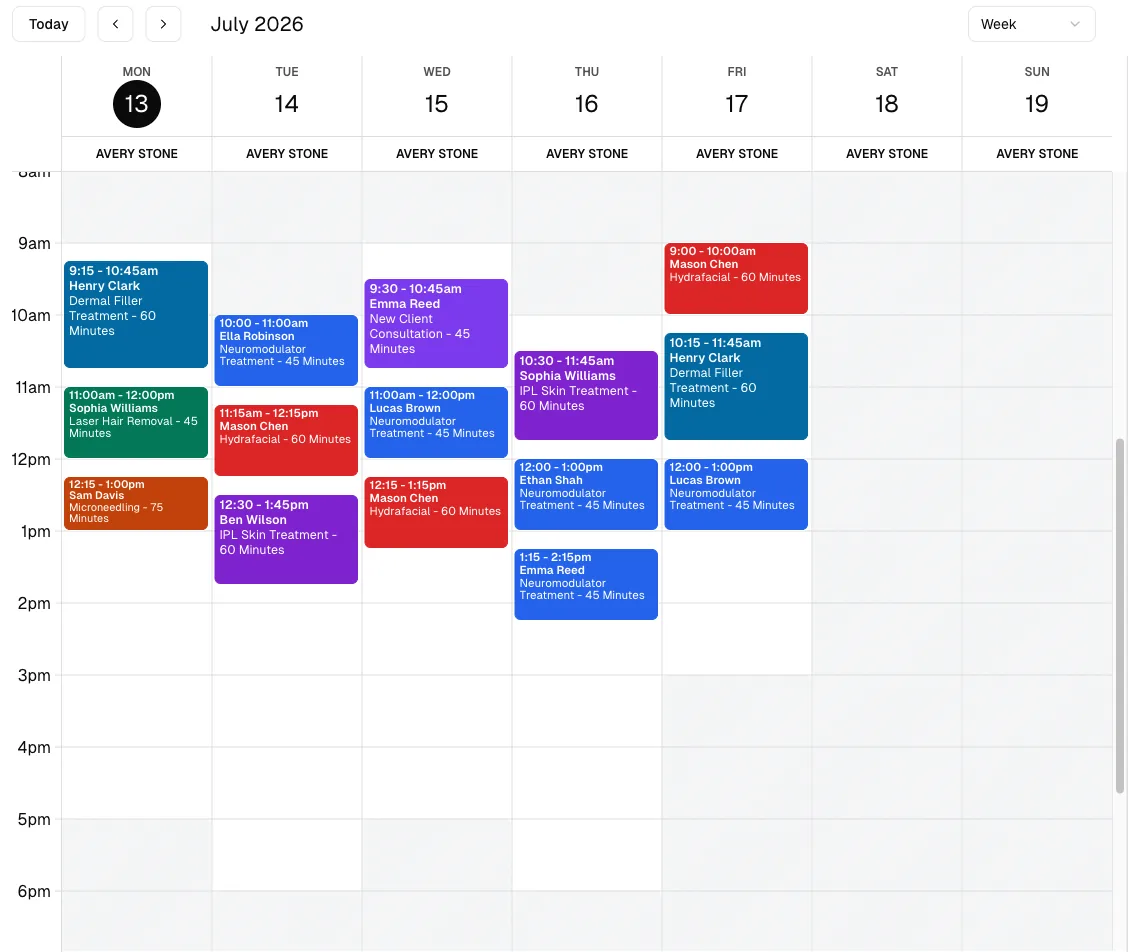 Medspa software showing calendar.