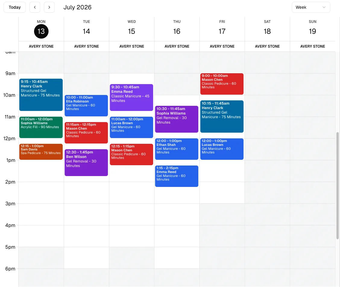 Nail Salon software showing calendar.