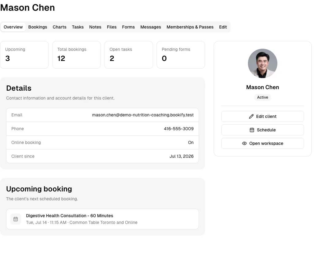 Nutrition Coaching software showing client profile.