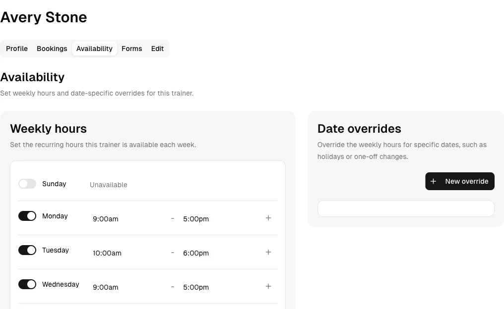 Personal Trainer software showing availability.
