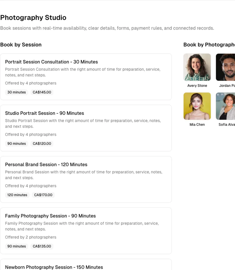 Photography Studio software showing online booking.