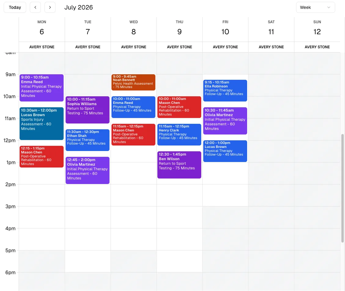 Physical Therapy software showing calendar.