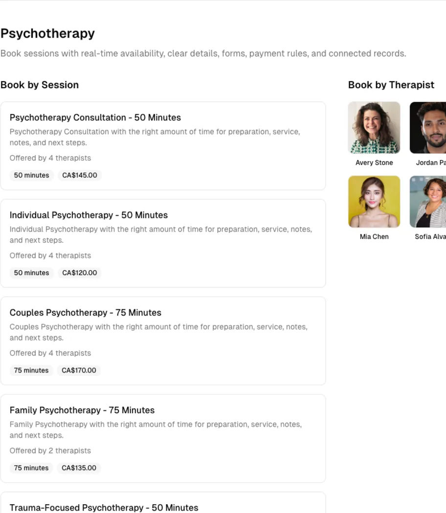 Psychotherapy software showing online booking.