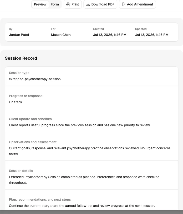 Psychotherapy software showing record.