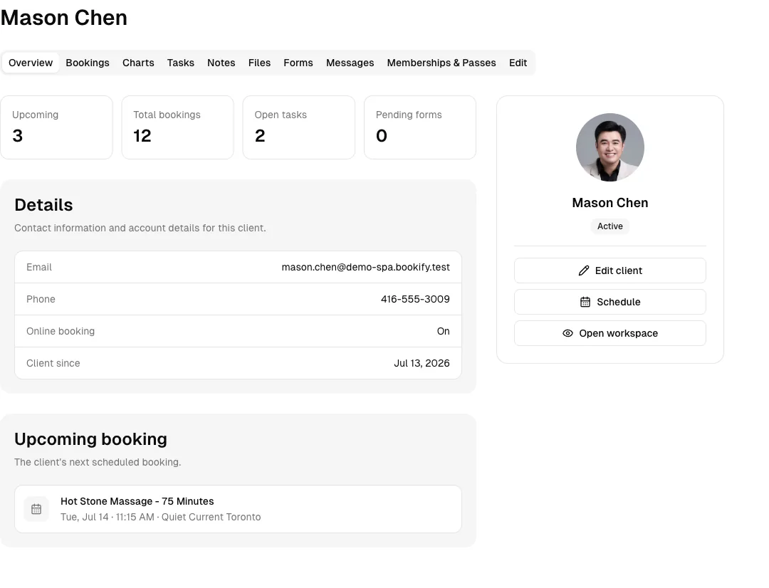 Spa software showing client profile.