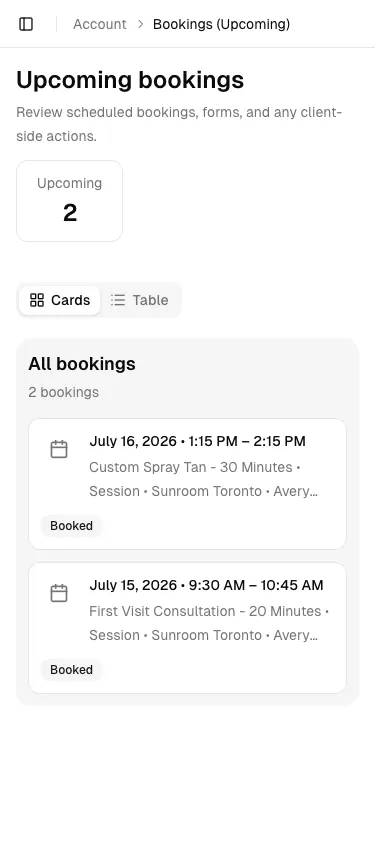 Tanning Studio software showing mobile.