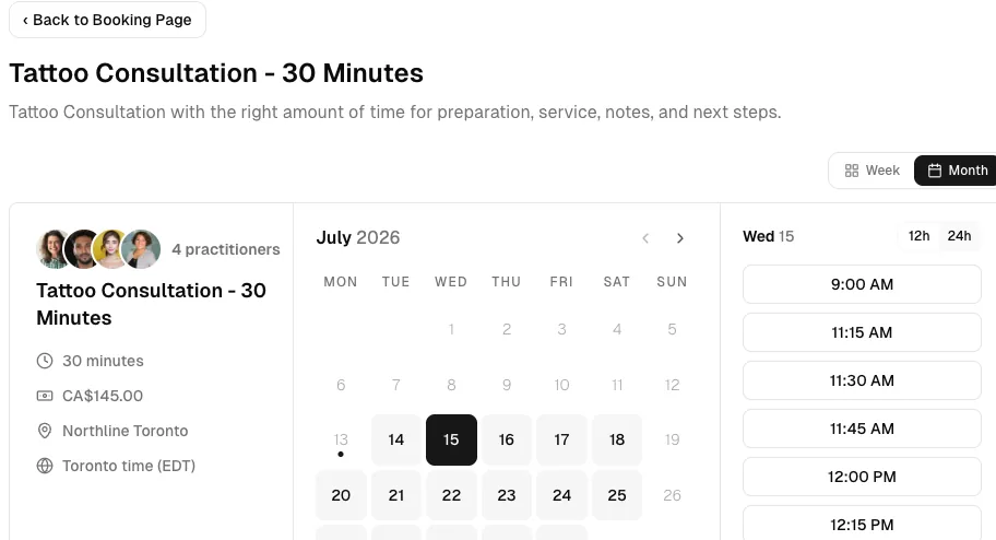Tattooing & Piercing software showing booking month.