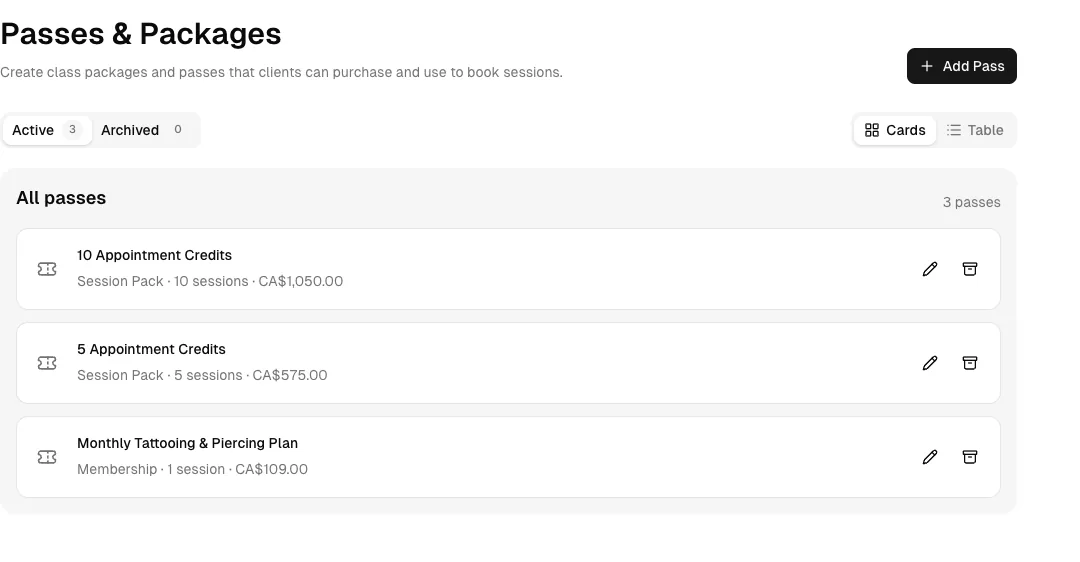 Tattooing & Piercing software showing packages.