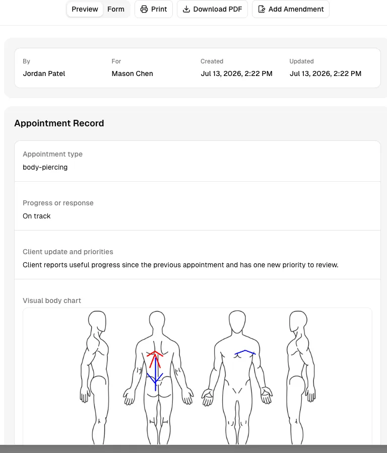Tattooing & Piercing software showing record.