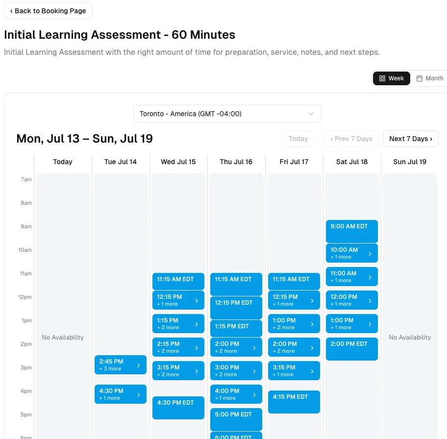 Driving School software showing booking week.