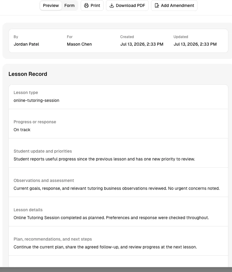Driving School software showing record.