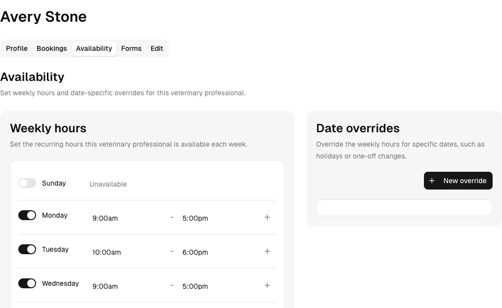 Pet Grooming software showing availability.